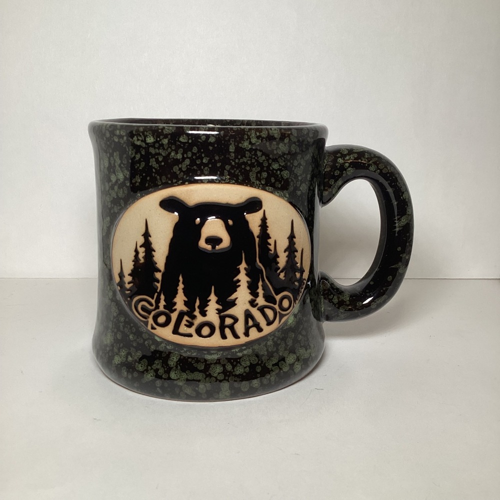 Colorado Black Bear Souvenir Coffee Mug Green Speckled Glaze Rustic Cabin Cup